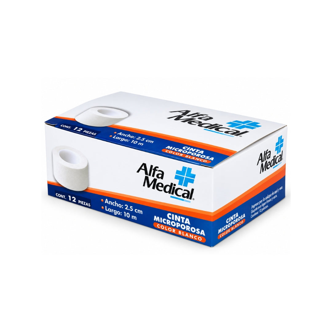 Cinta Microporosa blanca  Alfa Medical 2.5cm x 10m con 12 piezas
