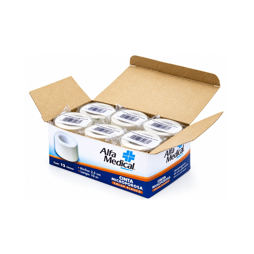 Cinta Microporosa Blanca Alfa Medical 2.5cm x 10m con 12 piezas