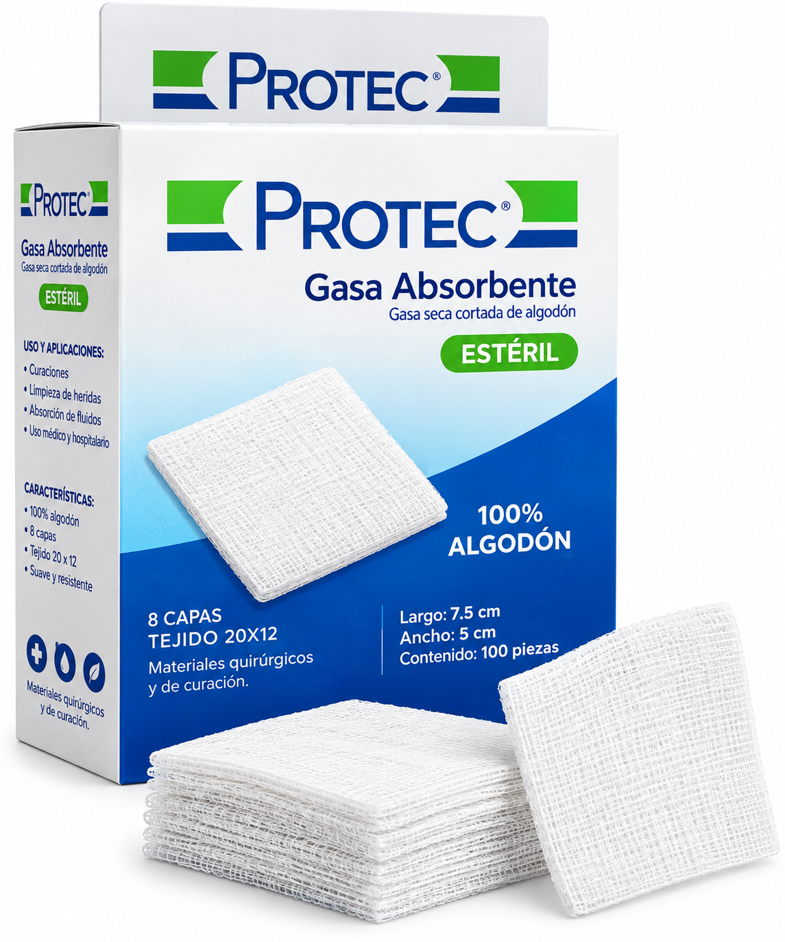 Gasa Seca Cortada de Algodón Estéril PROTEC 7.5x5 cm Caja con 100 piezas