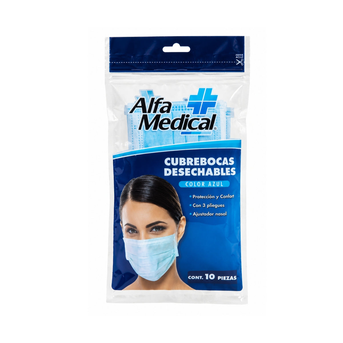 Cubrebocas tricapa Alfa Medical con Ajustados Nasal 10 piezas