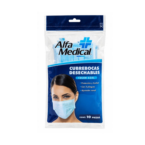 Cubrebocas tricapa Alfa Medical con Ajustados Nasal 10 piezas