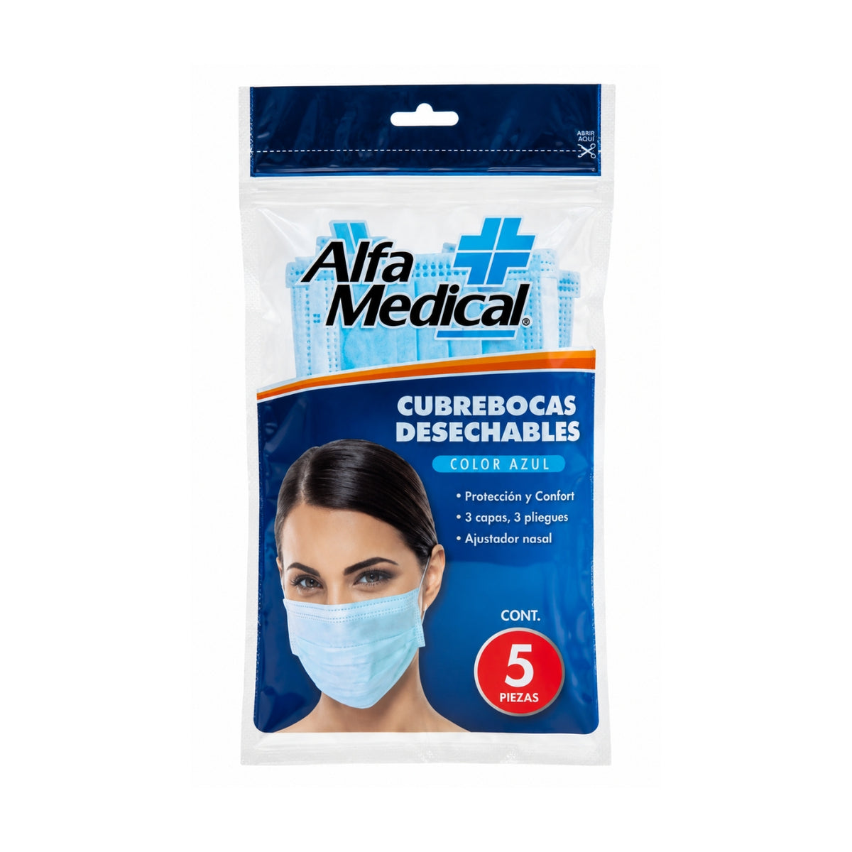Cubrebocas tricapa Alfa Medical con ajustados nasal 5 piezas