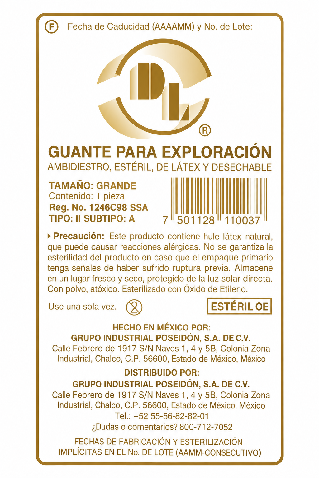 Guante de Látex Estéril  DL Grande con 100 piezas