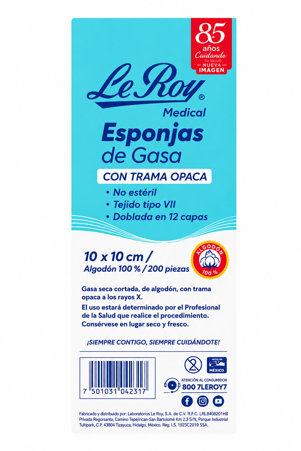 Esponja de gasa No Estéril Le Roy 10x10cm Tipo VII con  200 piezas
