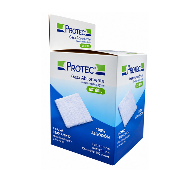 Gasa Seca Cortada de Algodón Estéril PROTEC 7.5x5 cm Caja con 100 piezas