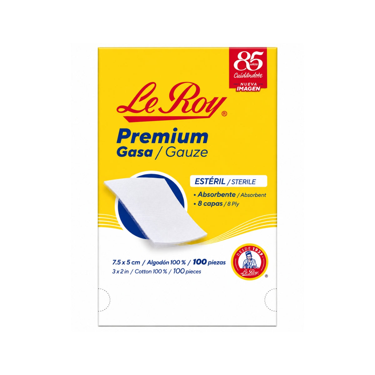 Gasa Estéril Premium Le Roy 7.5x5 CM con 100 piezas