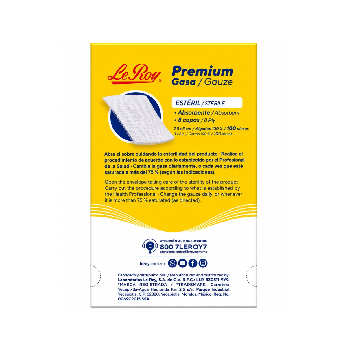 Gasa Estéril Premium Le Roy 7.5x5 CM con 100 piezas