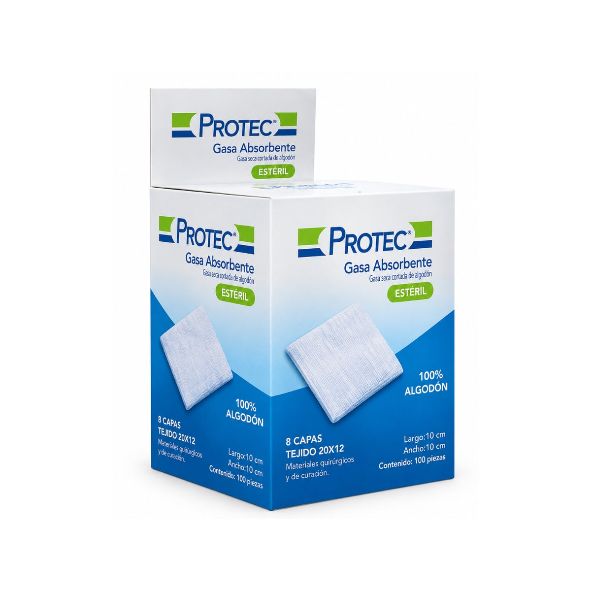 Gasa Seca Cortada de Algodón Estéril PROTEC 10x10 cm con 100 piezas