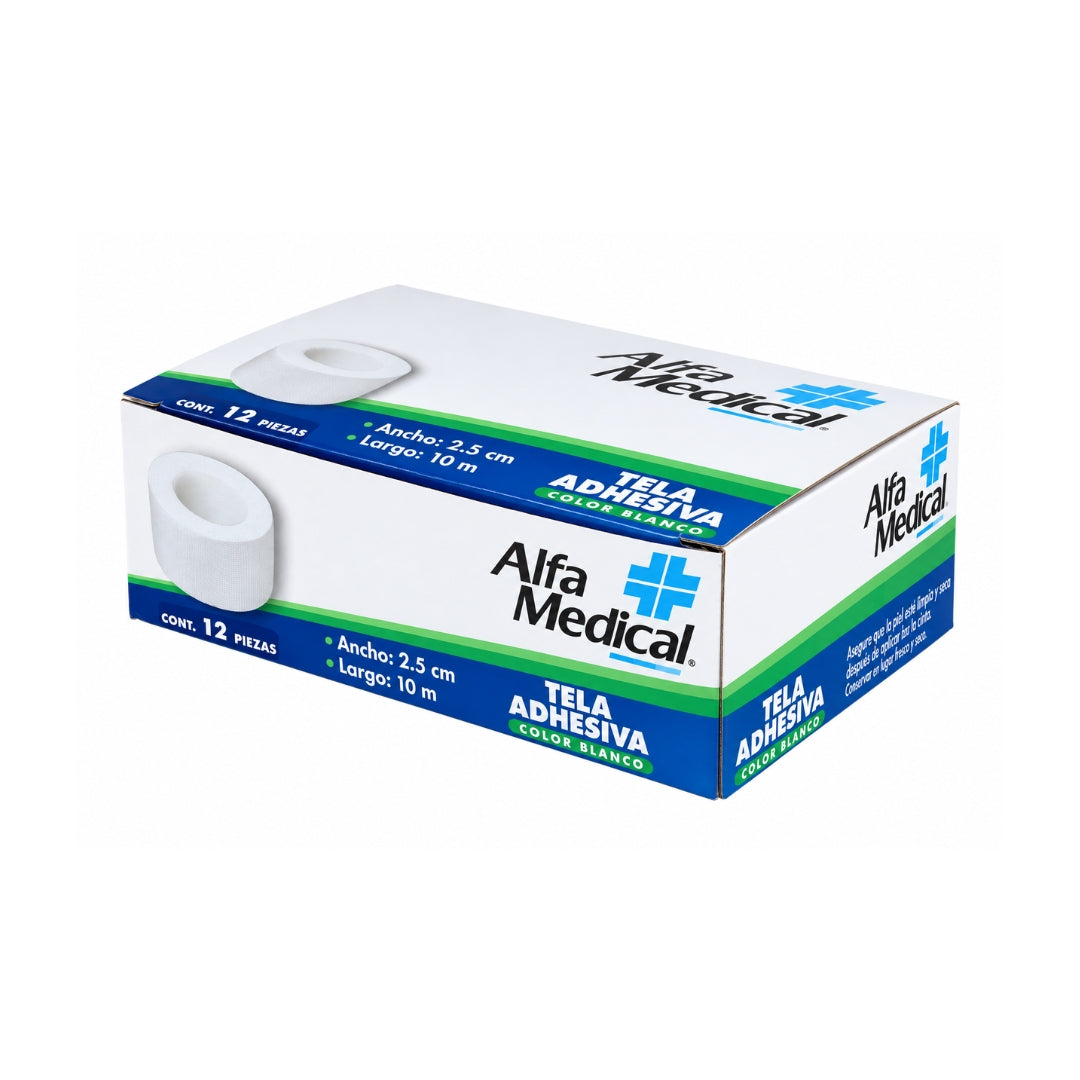 Tela Adhesiva Alfa Medical blanca 2.5cm x 5m 12 piezas